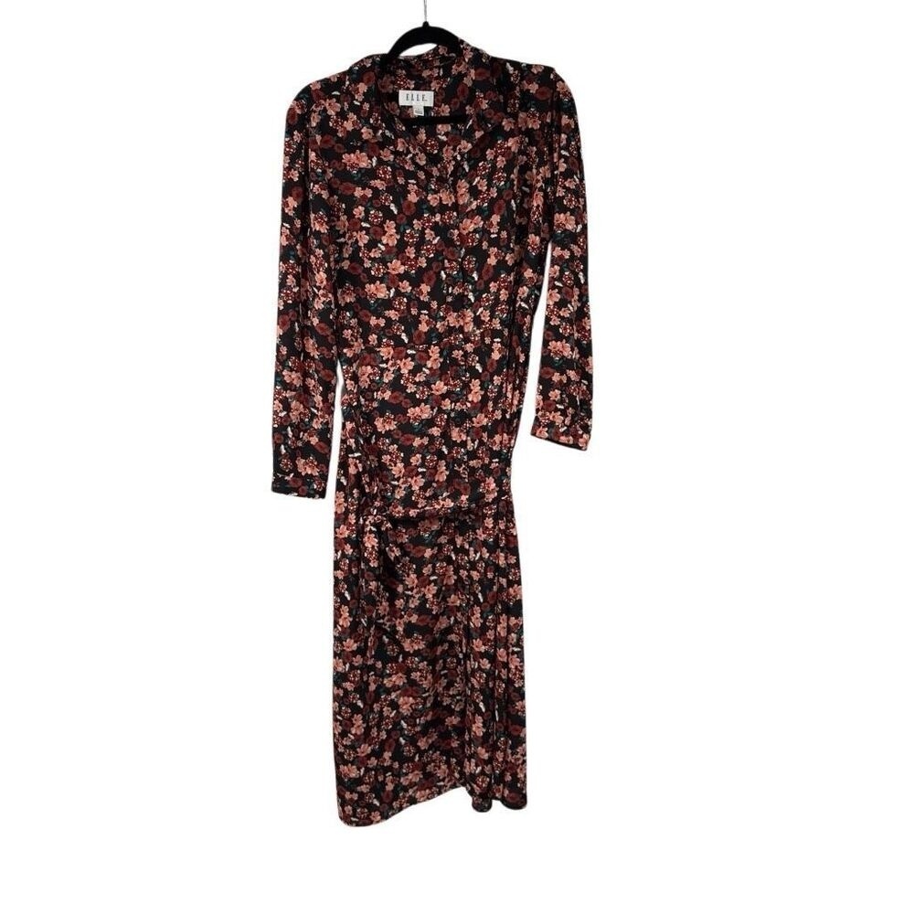 Elle Dark Floral Button Down Tunic Shirt Dress Belted L Womens‎